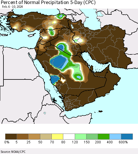 Middle East and Turkey Percent of Normal Precipitation 5-Day (CPC) Thematic Map For 2/6/2024 - 2/10/2024