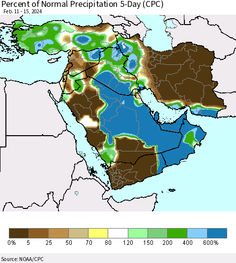 Middle East and Turkey Percent of Normal Precipitation 5-Day (CPC) Thematic Map For 2/11/2024 - 2/15/2024