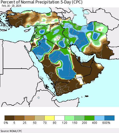 Middle East and Turkey Percent of Normal Precipitation 5-Day (CPC) Thematic Map For 2/16/2024 - 2/20/2024