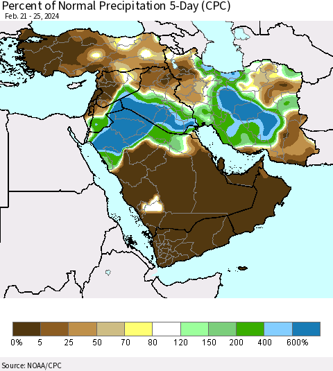 Middle East and Turkey Percent of Normal Precipitation 5-Day (CPC) Thematic Map For 2/21/2024 - 2/25/2024