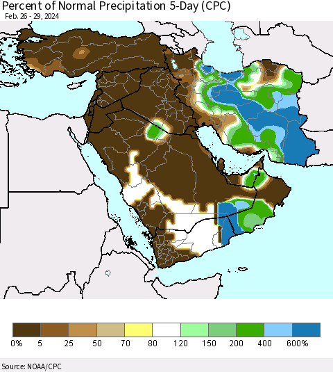 Middle East and Turkey Percent of Normal Precipitation 5-Day (CPC) Thematic Map For 2/26/2024 - 2/29/2024