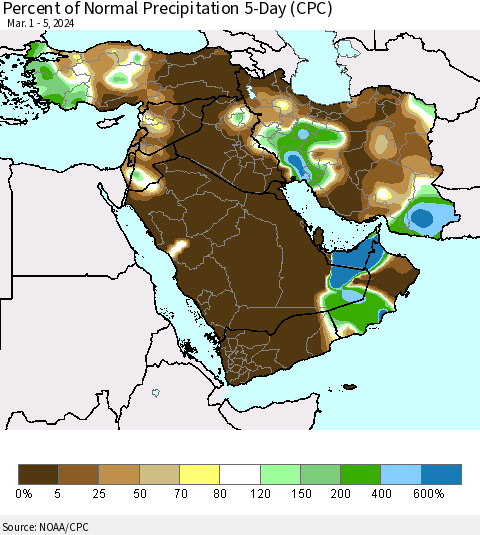 Middle East and Turkey Percent of Normal Precipitation 5-Day (CPC) Thematic Map For 3/1/2024 - 3/5/2024