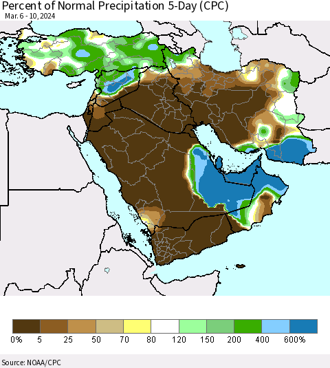 Middle East and Turkey Percent of Normal Precipitation 5-Day (CPC) Thematic Map For 3/6/2024 - 3/10/2024
