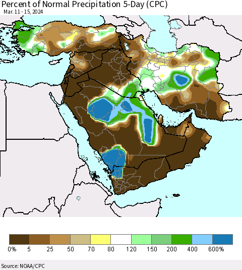 Middle East and Turkey Percent of Normal Precipitation 5-Day (CPC) Thematic Map For 3/11/2024 - 3/15/2024