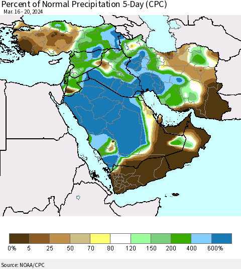 Middle East and Turkey Percent of Normal Precipitation 5-Day (CPC) Thematic Map For 3/16/2024 - 3/20/2024