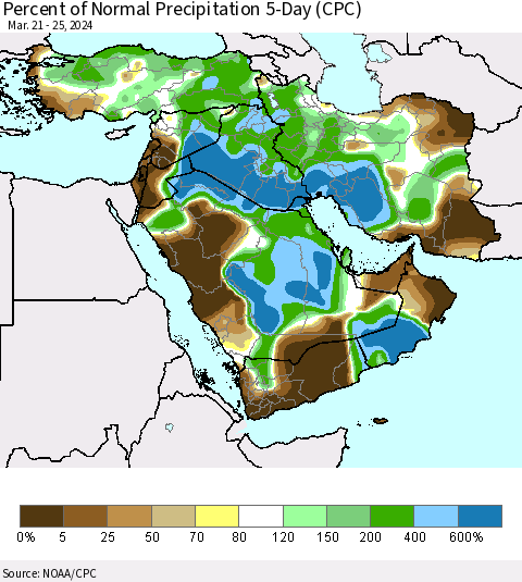 Middle East and Turkey Percent of Normal Precipitation 5-Day (CPC) Thematic Map For 3/21/2024 - 3/25/2024