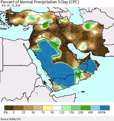Middle East and Turkey Percent of Normal Precipitation 5-Day (CPC) Thematic Map For 3/26/2024 - 3/31/2024