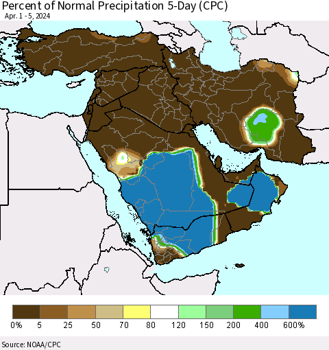 Middle East and Turkey Percent of Normal Precipitation 5-Day (CPC) Thematic Map For 4/1/2024 - 4/5/2024