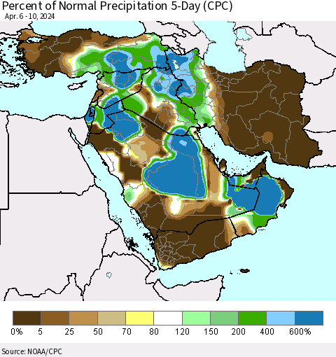 Middle East and Turkey Percent of Normal Precipitation 5-Day (CPC) Thematic Map For 4/6/2024 - 4/10/2024