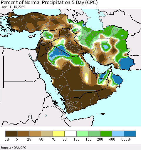 Middle East and Turkey Percent of Normal Precipitation 5-Day (CPC) Thematic Map For 4/11/2024 - 4/15/2024