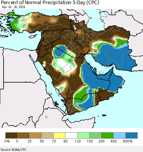 Middle East and Turkey Percent of Normal Precipitation 5-Day (CPC) Thematic Map For 4/16/2024 - 4/20/2024