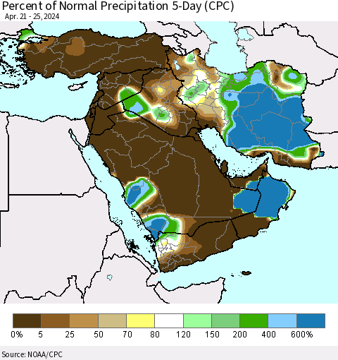 Middle East and Turkey Percent of Normal Precipitation 5-Day (CPC) Thematic Map For 4/21/2024 - 4/25/2024