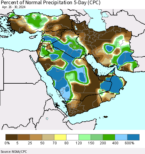 Middle East and Turkey Percent of Normal Precipitation 5-Day (CPC) Thematic Map For 4/26/2024 - 4/30/2024