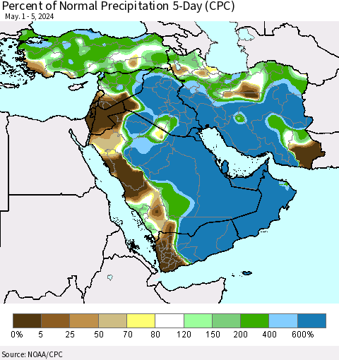 Middle East and Turkey Percent of Normal Precipitation 5-Day (CPC) Thematic Map For 5/1/2024 - 5/5/2024