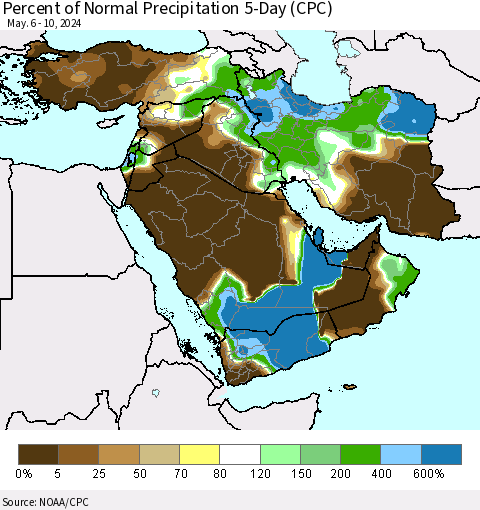 Middle East and Turkey Percent of Normal Precipitation 5-Day (CPC) Thematic Map For 5/6/2024 - 5/10/2024