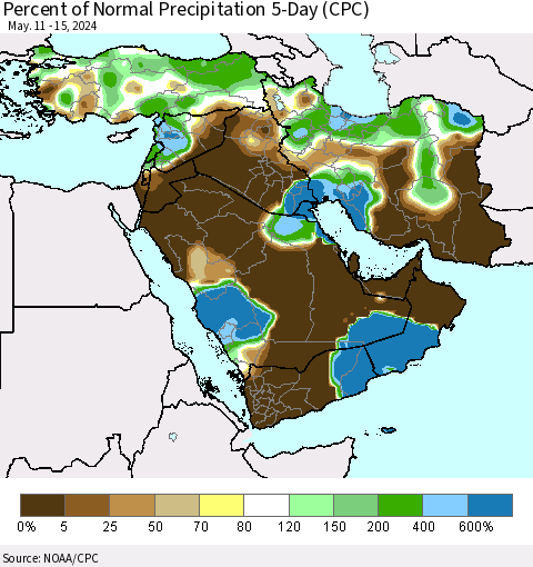 Middle East and Turkey Percent of Normal Precipitation 5-Day (CPC) Thematic Map For 5/11/2024 - 5/15/2024