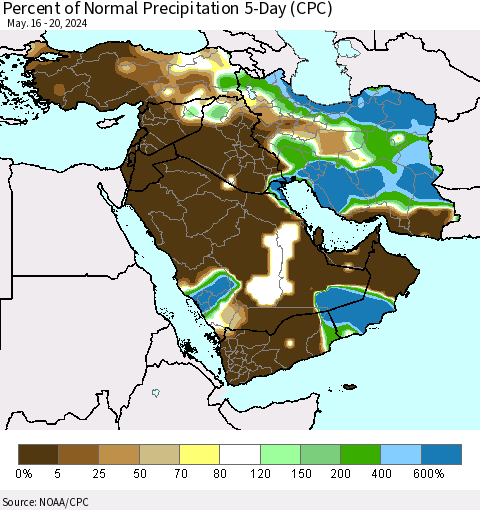 Middle East and Turkey Percent of Normal Precipitation 5-Day (CPC) Thematic Map For 5/16/2024 - 5/20/2024