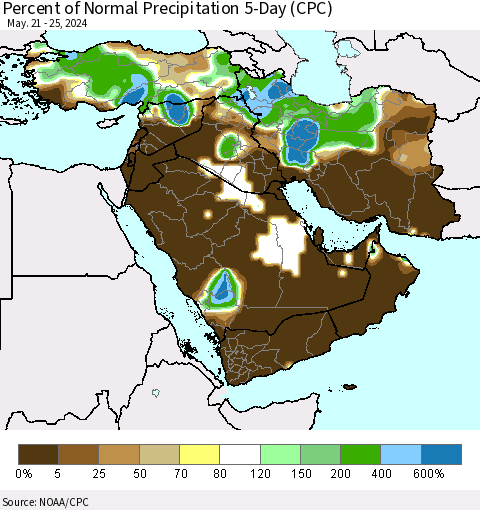 Middle East and Turkey Percent of Normal Precipitation 5-Day (CPC) Thematic Map For 5/21/2024 - 5/25/2024