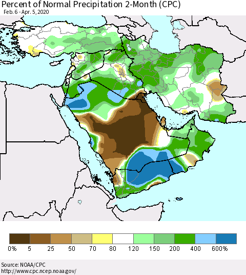 Middle East and Turkey Percent of Normal Precipitation 2-Month (CPC) Thematic Map For 2/6/2020 - 4/5/2020