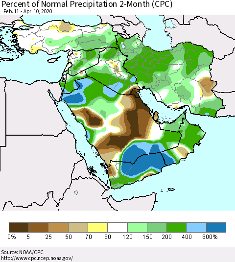 Middle East and Turkey Percent of Normal Precipitation 2-Month (CPC) Thematic Map For 2/11/2020 - 4/10/2020