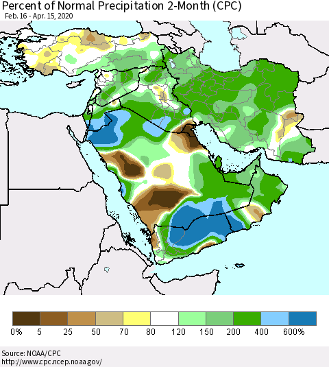 Middle East and Turkey Percent of Normal Precipitation 2-Month (CPC) Thematic Map For 2/16/2020 - 4/15/2020