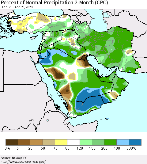 Middle East and Turkey Percent of Normal Precipitation 2-Month (CPC) Thematic Map For 2/21/2020 - 4/20/2020