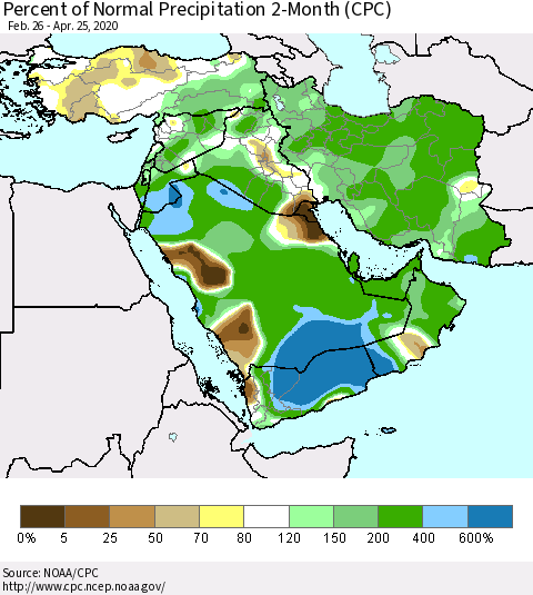 Middle East and Turkey Percent of Normal Precipitation 2-Month (CPC) Thematic Map For 2/26/2020 - 4/25/2020
