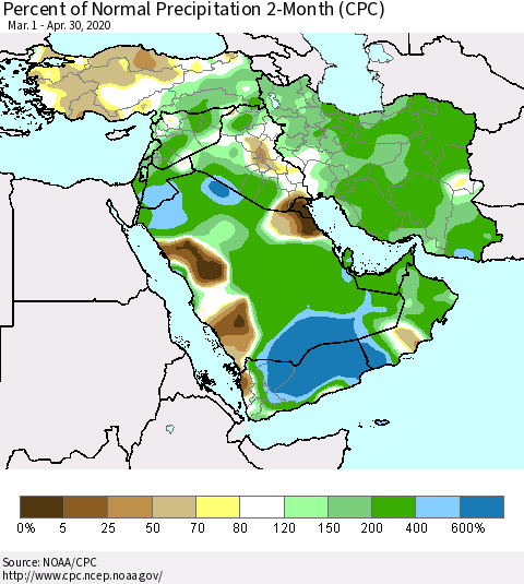 Middle East and Turkey Percent of Normal Precipitation 2-Month (CPC) Thematic Map For 3/1/2020 - 4/30/2020