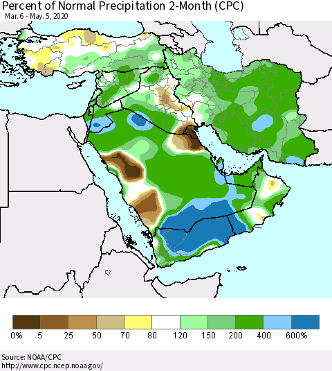 Middle East and Turkey Percent of Normal Precipitation 2-Month (CPC) Thematic Map For 3/6/2020 - 5/5/2020