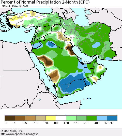 Middle East and Turkey Percent of Normal Precipitation 2-Month (CPC) Thematic Map For 3/11/2020 - 5/10/2020