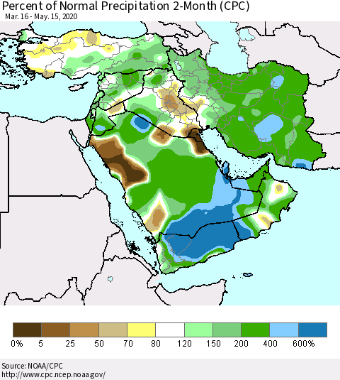 Middle East and Turkey Percent of Normal Precipitation 2-Month (CPC) Thematic Map For 3/16/2020 - 5/15/2020