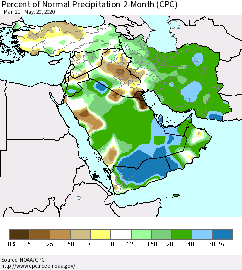 Middle East and Turkey Percent of Normal Precipitation 2-Month (CPC) Thematic Map For 3/21/2020 - 5/20/2020