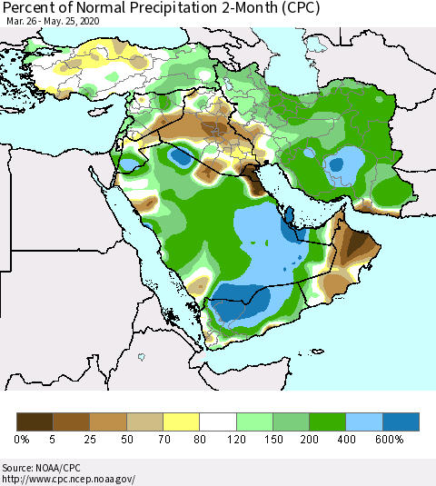Middle East and Turkey Percent of Normal Precipitation 2-Month (CPC) Thematic Map For 3/26/2020 - 5/25/2020