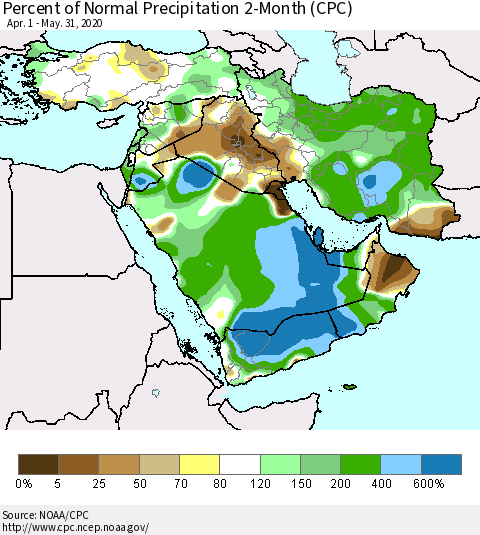 Middle East and Turkey Percent of Normal Precipitation 2-Month (CPC) Thematic Map For 4/1/2020 - 5/31/2020