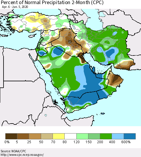 Middle East and Turkey Percent of Normal Precipitation 2-Month (CPC) Thematic Map For 4/6/2020 - 6/5/2020