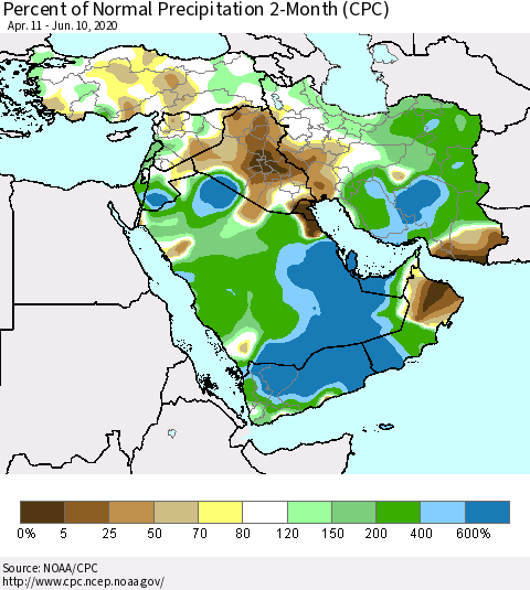 Middle East and Turkey Percent of Normal Precipitation 2-Month (CPC) Thematic Map For 4/11/2020 - 6/10/2020