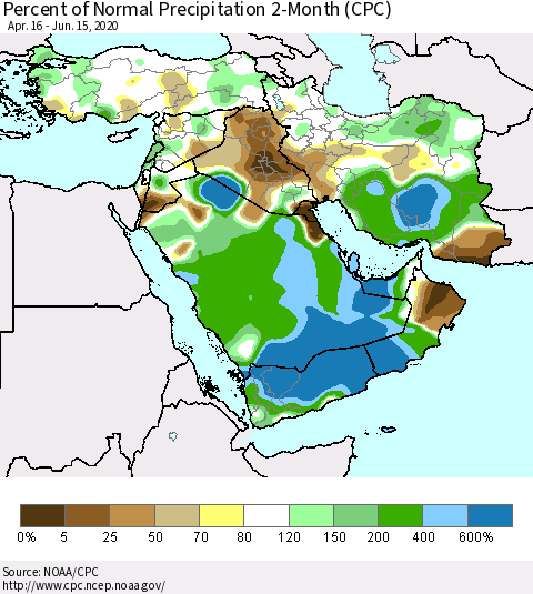 Middle East and Turkey Percent of Normal Precipitation 2-Month (CPC) Thematic Map For 4/16/2020 - 6/15/2020