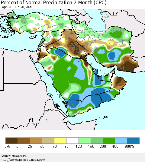 Middle East and Turkey Percent of Normal Precipitation 2-Month (CPC) Thematic Map For 4/21/2020 - 6/20/2020