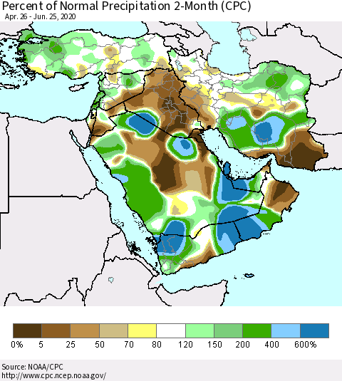 Middle East and Turkey Percent of Normal Precipitation 2-Month (CPC) Thematic Map For 4/26/2020 - 6/25/2020