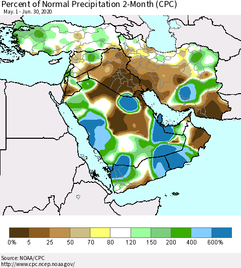 Middle East and Turkey Percent of Normal Precipitation 2-Month (CPC) Thematic Map For 5/1/2020 - 6/30/2020
