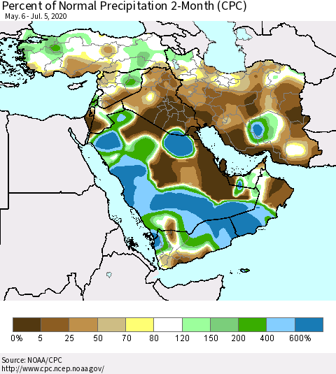 Middle East and Turkey Percent of Normal Precipitation 2-Month (CPC) Thematic Map For 5/6/2020 - 7/5/2020