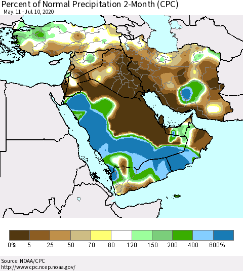 Middle East and Turkey Percent of Normal Precipitation 2-Month (CPC) Thematic Map For 5/11/2020 - 7/10/2020