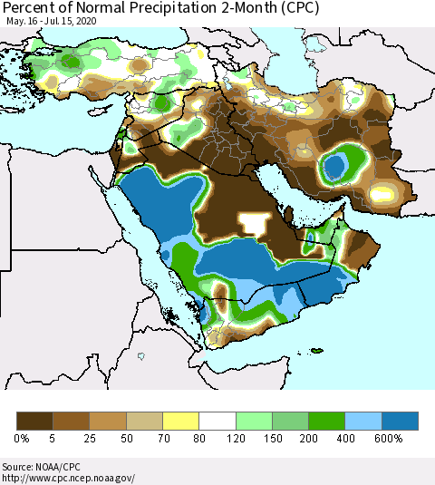 Middle East and Turkey Percent of Normal Precipitation 2-Month (CPC) Thematic Map For 5/16/2020 - 7/15/2020