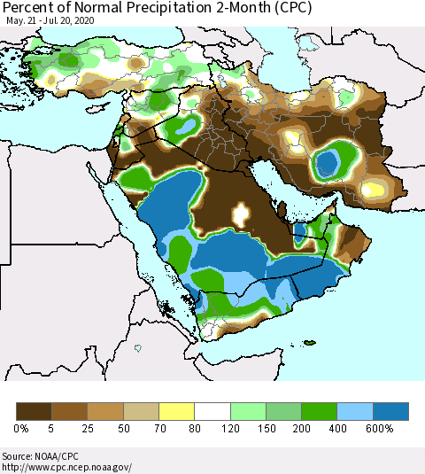 Middle East and Turkey Percent of Normal Precipitation 2-Month (CPC) Thematic Map For 5/21/2020 - 7/20/2020