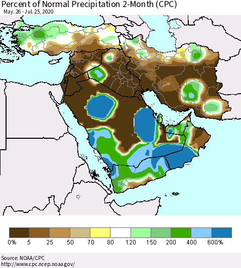 Middle East and Turkey Percent of Normal Precipitation 2-Month (CPC) Thematic Map For 5/26/2020 - 7/25/2020