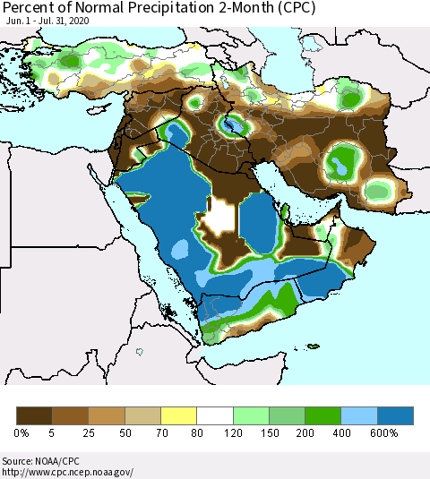 Middle East and Turkey Percent of Normal Precipitation 2-Month (CPC) Thematic Map For 6/1/2020 - 7/31/2020