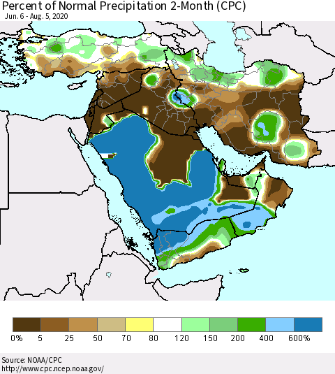 Middle East and Turkey Percent of Normal Precipitation 2-Month (CPC) Thematic Map For 6/6/2020 - 8/5/2020
