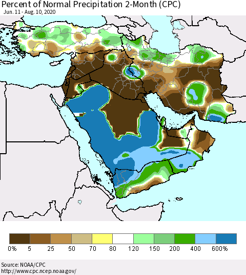 Middle East and Turkey Percent of Normal Precipitation 2-Month (CPC) Thematic Map For 6/11/2020 - 8/10/2020