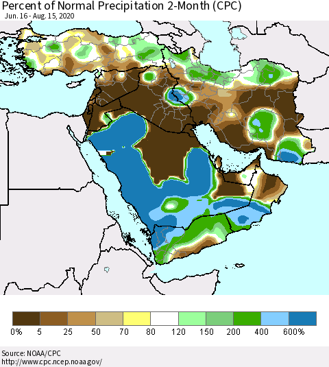Middle East and Turkey Percent of Normal Precipitation 2-Month (CPC) Thematic Map For 6/16/2020 - 8/15/2020
