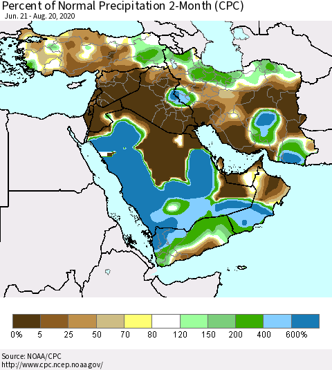 Middle East and Turkey Percent of Normal Precipitation 2-Month (CPC) Thematic Map For 6/21/2020 - 8/20/2020